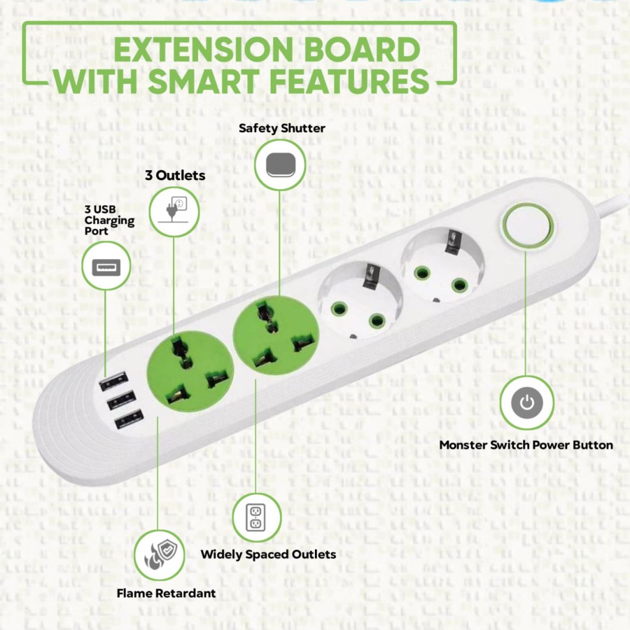 Lucky Hawk F01U 2M Power Strip Stop Kontak 4 Power Socket 3 USB Port