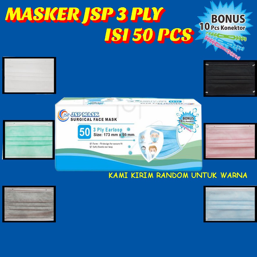 (JSP MASK) MASKER MEDIS SUDAH KEMENKES 3PLY ISI 50 PC FREE 10 CONNECTOR masker jsp SM04