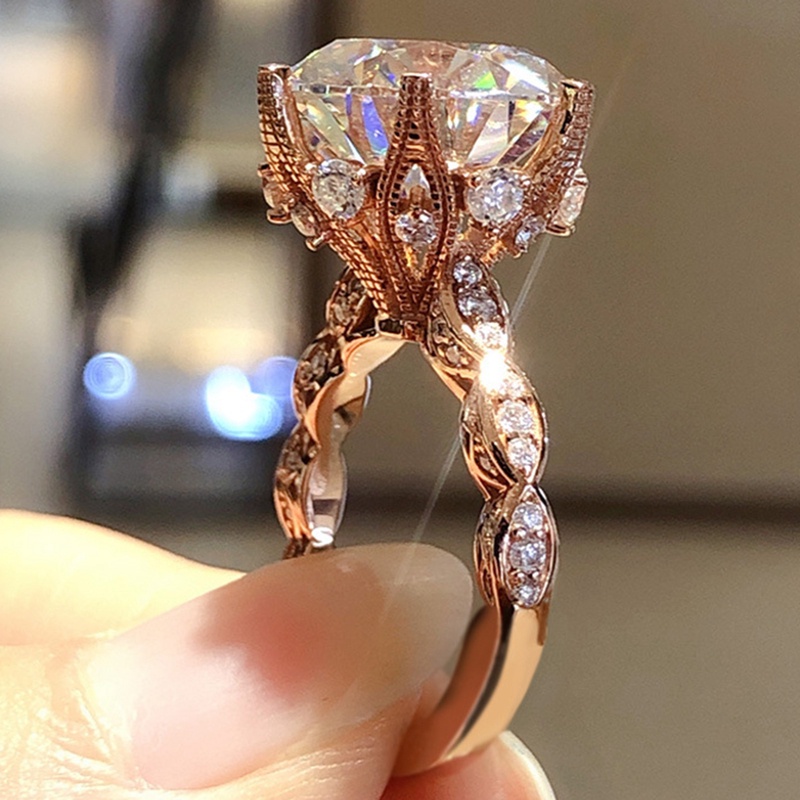 Cincin 4 Cakar Warna Rose Gold Hias Cubic Zirconia Bulat Besar Untuk Wanita