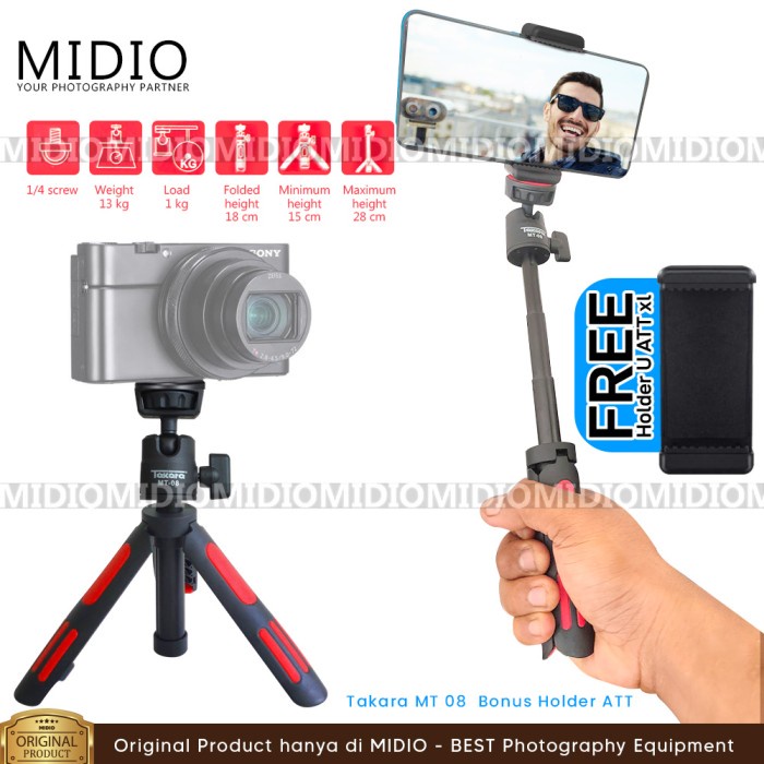 Tripod Takara Tripod MT08 2in1 Mini Extension Pole Untuk Tripod dan Tongsis(W5V5) Tripod Stand Banne
