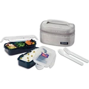 Lock & Lock Lunch Box 2 Pcs With Bag And Spoon Fork Set Kotak Bekal Makan Color Gray HPL752DG