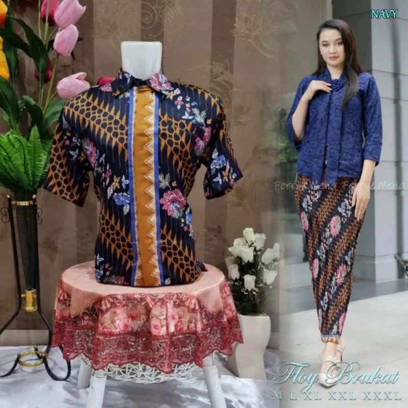 IndahKebaya • COUPLE KEBAYA FLOY BROKAT DAN KEMEJA BATIK PRIA / KEBAYA FLOY KUTUBARU JUMBO LD 100 110 120 130 / KEMEJA CASUAL PRIA BATIK KONDANGAN / COUPLE BAJU WANITA MODERN / MOCCA GOLD DUSTY MAROON WARDAH NAVY SILVER LAVENDER  PUTIH HITAM HIJAU