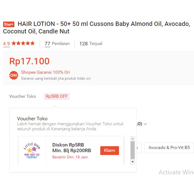 Baby HAIR LOTION Cussons 200ml 100 ml Almond Oil Avoccado Coconut Candle Nut Minyak Rambut Bayi Tebal