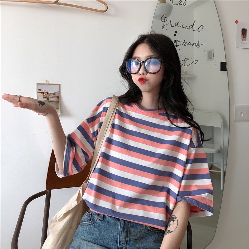 VS - Kaos T-Shirt Model Longgar Round Neck Motif Garis Gaya Korea untuk Wanita