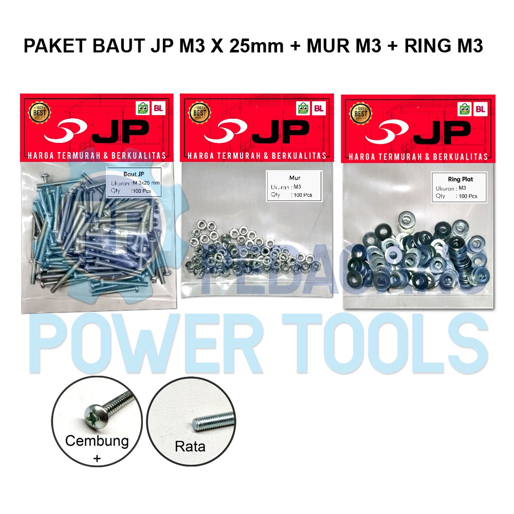 PAKET 3 SET JP M 3x25 BAUT MUR RING PLAT M 3 x 25 MUR M3 ISI 100 PCS