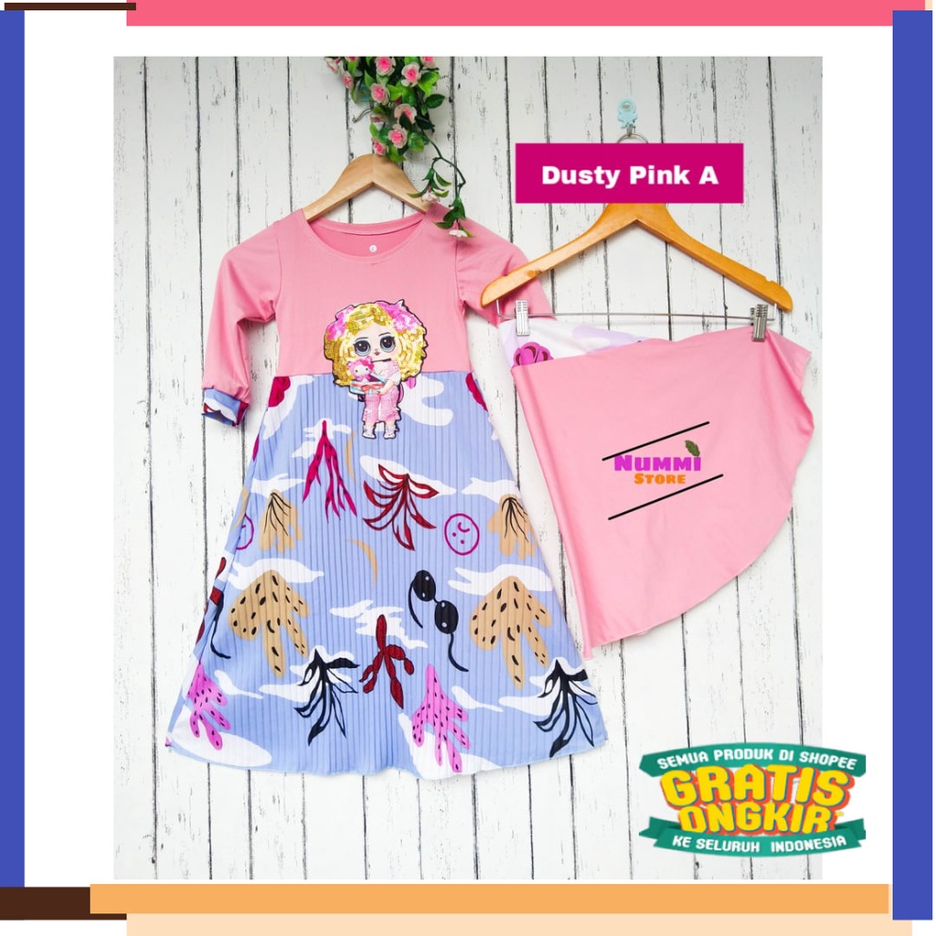 Ready Stok - Barang baru new model anak satu dua tahun / Set Gamis Anak Plisket LED LOL motif Bunga 