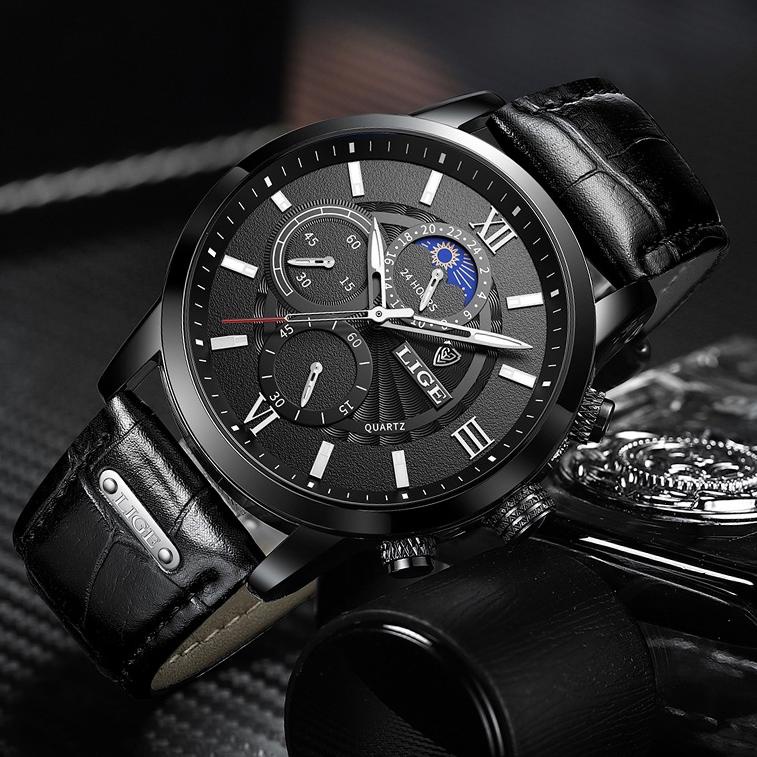 T6A8 LIGE 2022 terbaru original jam tangan pria tali kulit anti air olahraga kronograf jam tangan + kotak 9FH