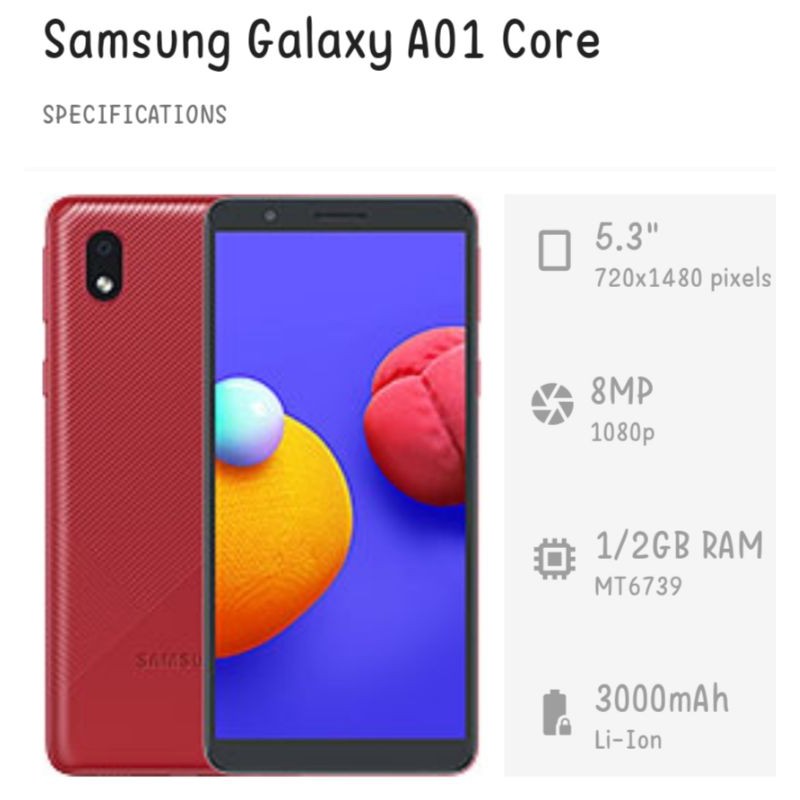 Samsung galaxy A01 Core Ram 1/16 GB
