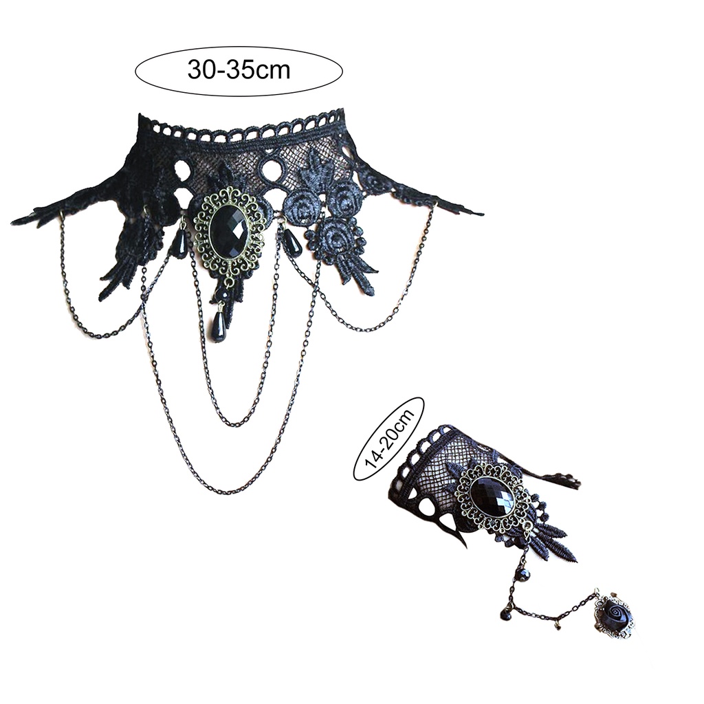 Hu Hu Hu Hu Hu Alat Bantu Pasang Kacamata♡ Set Kalung Chokergelang Tangan Lace Lebar Aksen Batu Permata Imitasi Gaya Gothicpunk Untuk Wanita