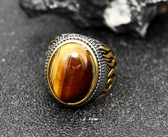 Cincin Pria Gaya Retro Kuno Timur Tengah Arab Aksen Batu Permata Tiger Eye Untuk Hadiah Pesta