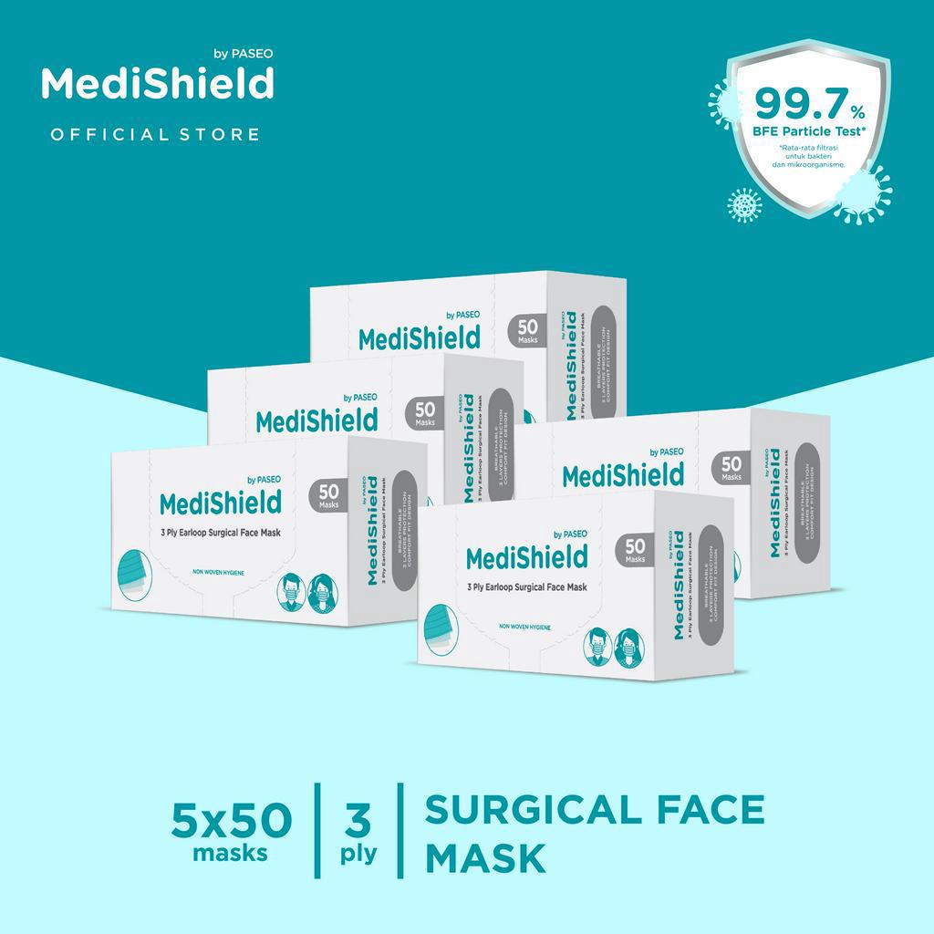 Medishield by Paseo Masker Surgical Earloop 3Ply Box isi 50pcs/box x 5 Box