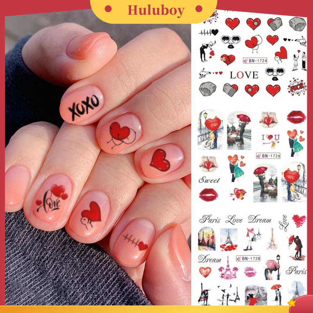 Huluboy Huluboy♡ Stiker Kuku Desain Valentine Romantis Ultra Tipis DIY Untuk Manicure