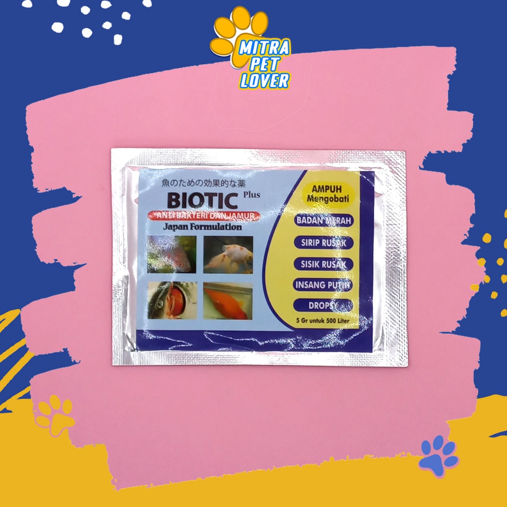 OBAT ANTI BAKTERI &amp; JAMUR IKAN HIAS - BIOTIC PLUS 5 GRAM - SEMBUHKAN SIRIP LUKA INSANG PUTIH , DROPSY SISIK RUSAK FISH &amp; CUPANG - MURAH GARANSI ASLI KUALITAS ORIGINAL PET ANIMAL VETERINARY TAMASINDO VITAMIN BIO TIC HEWAN BINATANG PELIHARAAN MITRAPETLOVER