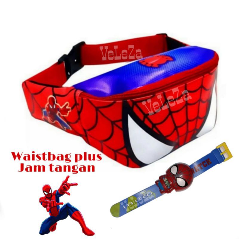 Waistbag Anak Karakter Superhero 2in1 - Waistbag + Jam Tangan - Tas Anak