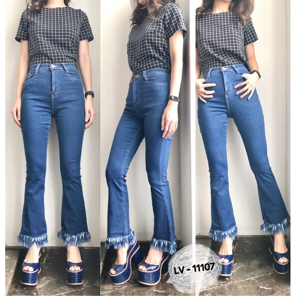 11107 HIGH WAIST CUTBRAY  JEANS  WANITA Rumbai  Stretch Cewek 