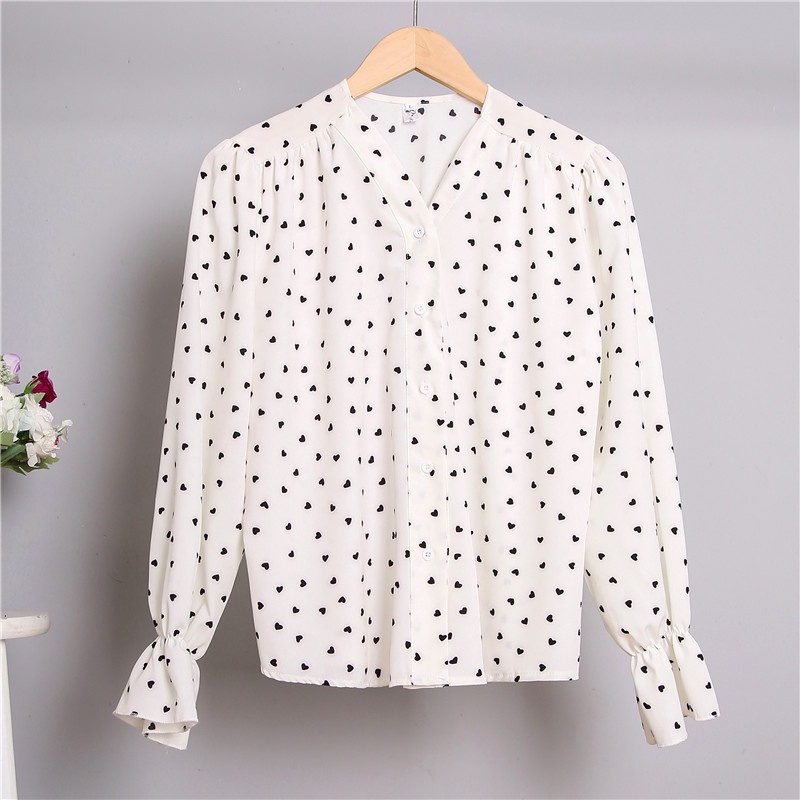 #Sisjuly# Sablon Wanita Lengan Panjang V-Neck Kepribadian Retro Kemeja Gaya Barat Wanita