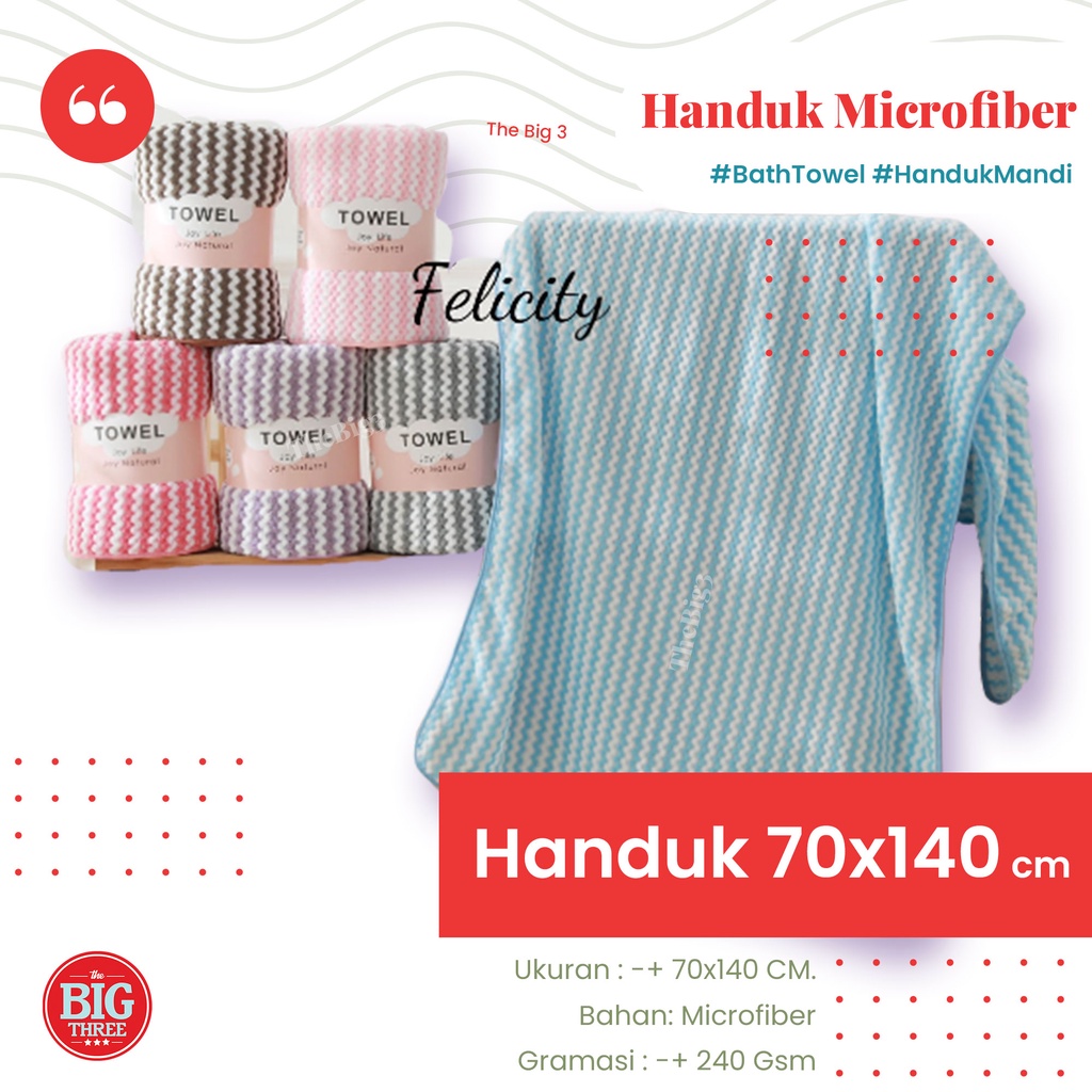 Handuk Mandi Dewasa Felicity Microfiber 70x140 Motif Love / Salur Lembut Super Serap Air Import - Blue Chocolate Pink Grey Maroon Purple TBT