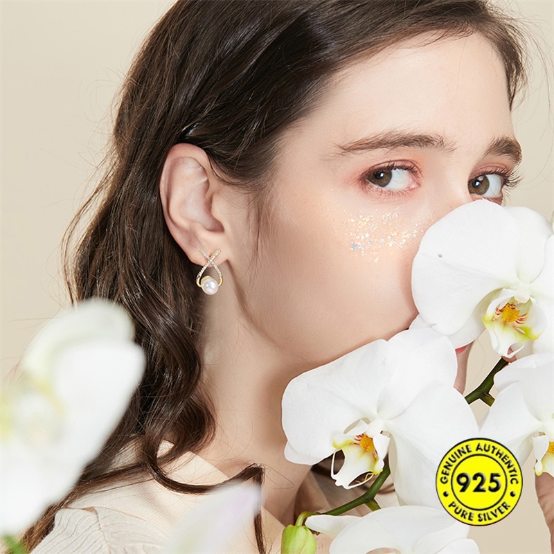 Anting Tusuk Motif Huruf X Hias Mutiara Imitasi Lapis Emas 18k Untuk Wanita