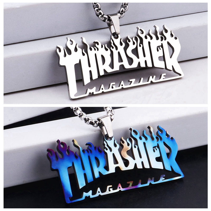 Kalung Dengan Liontin Desain Thrasher Magazine Flame Gaya Hip Hop Untuk Pria