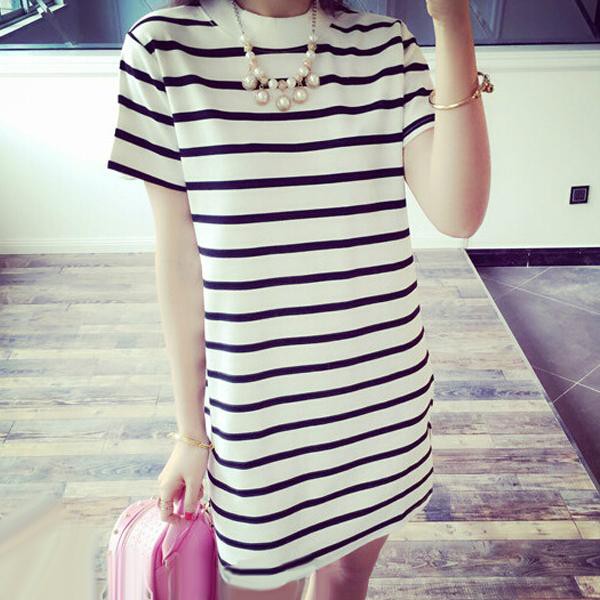 Women's New White O-Neck Striped Short Sleeve Bodycon Dress