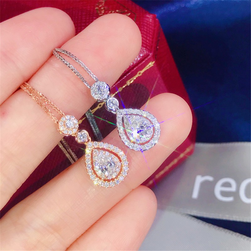 Kalung Berlian Wanita 18 K Emas Berlapis Rantai Klavikula Drop Berbentuk Buah Pir Liontin Mawar Emas