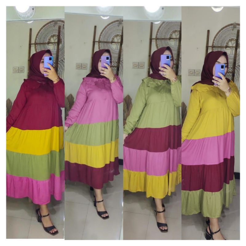 MIDI JUMBO RAINBOW MIDI PELANGI MIDI DRESS KERAH LEBAR MIDI IMPORT
