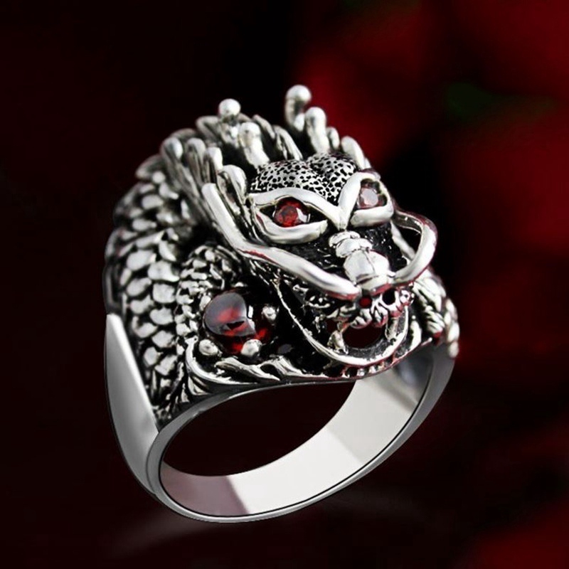 Cincin Desain Naga Raja Cina Warna Silver Gaya Punk Untuk Pria Dan Wanita