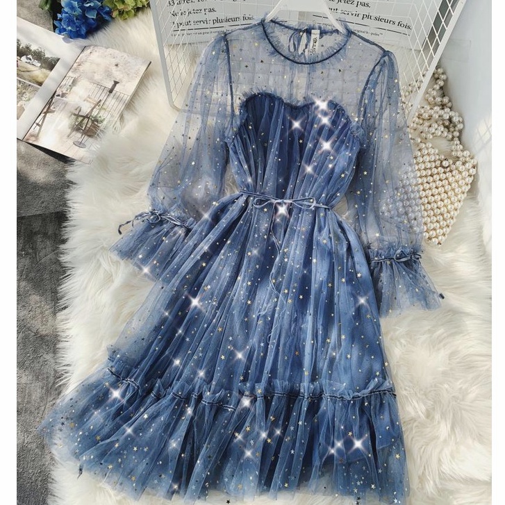Shimmer Dress Lace mesh Motif Floral vintage Maxi Dress Tunik Brukat Wanita