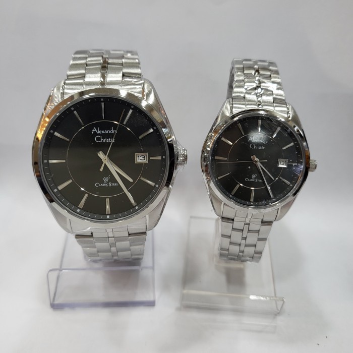 Jam tangan couple Alexandre Christie AC 8578 AC8578 silver black Garansi