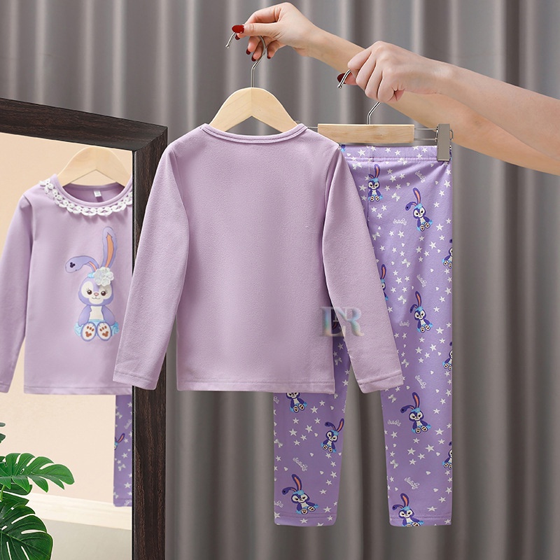 Piyama Set Anak Perempuan Motif Stella Lou Lengan Panjang Celana Panjang Kelinci Warna Ungu Hangat Baju Tidur Import Setelan Anak Kaos dan Celana Sleepwear Bayi Balita Anak