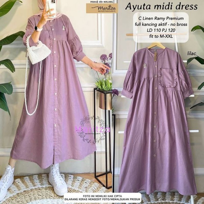 Midi Dress linen. Ayuta Midi Dress. Midi Tunik.  Baju muslim.