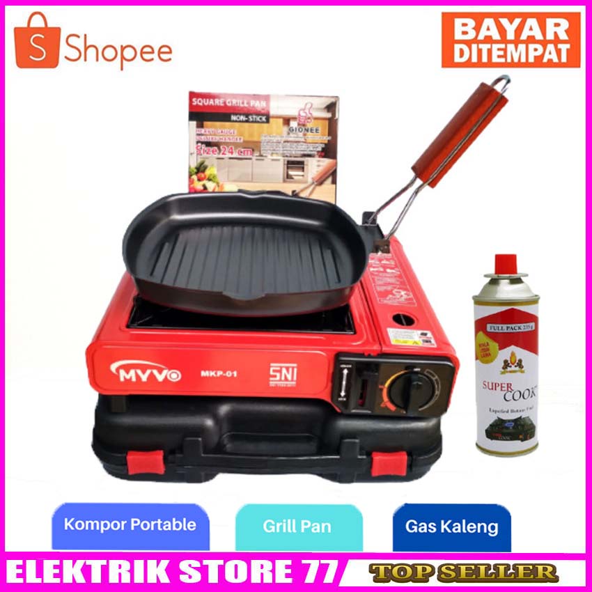 Kompor Gas Portable MYVO + Grill Pan + Gas Kaleng +grill BBQ lipat