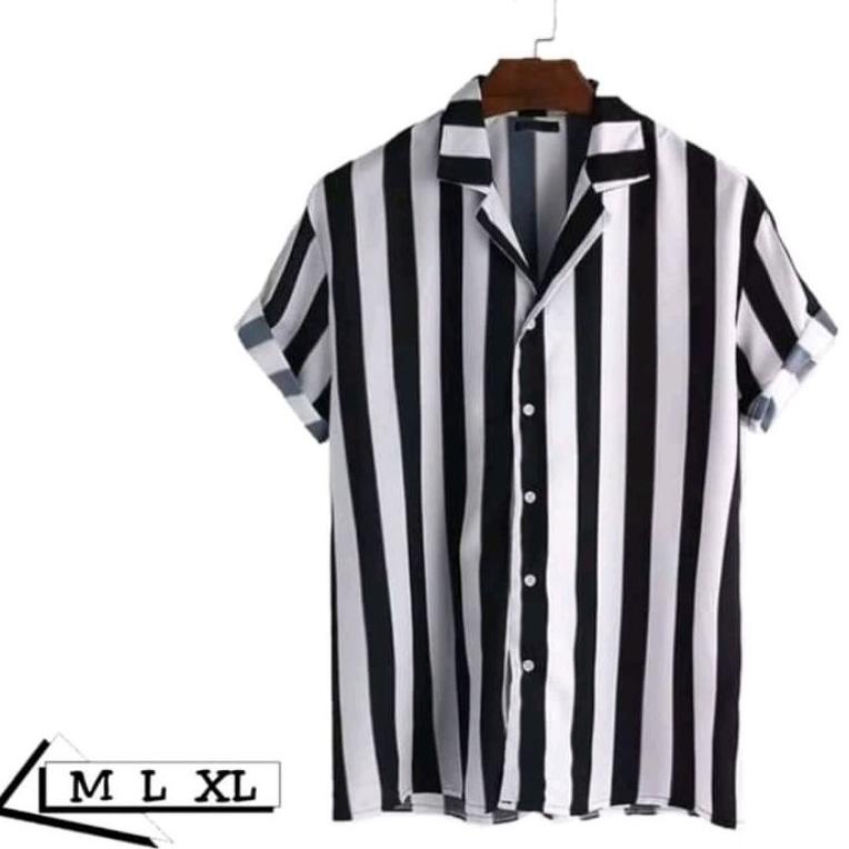 Qus Kemeja salur pria garis Hitam putih | Kemeja pria motif garis-garis | Kemeja pria lengan pendek 