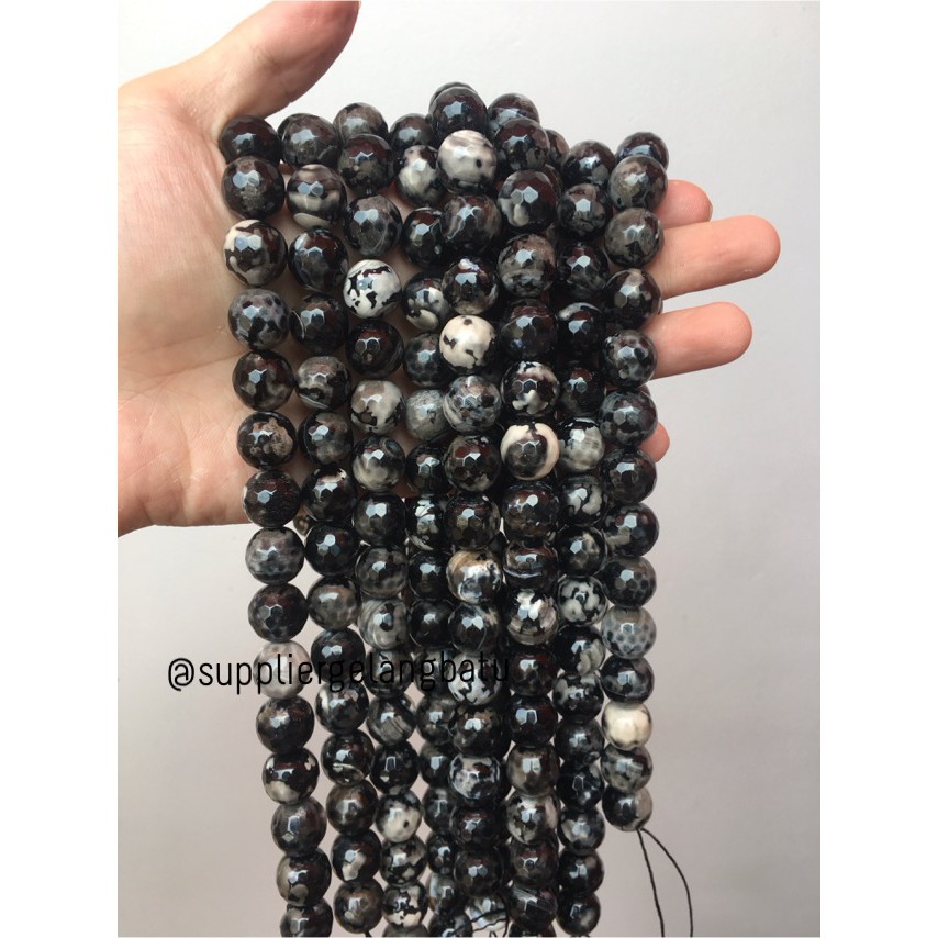 batu dalmantion agate FACETED BEADS 14mm cutting UKIR gelang kalung aksesoris hitam putih trending