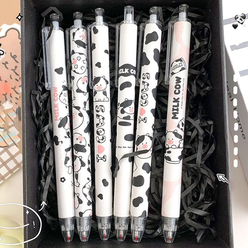6pcs Pulpen Gel 0.5mm Motif Kartun Sapi Tinta Hitam