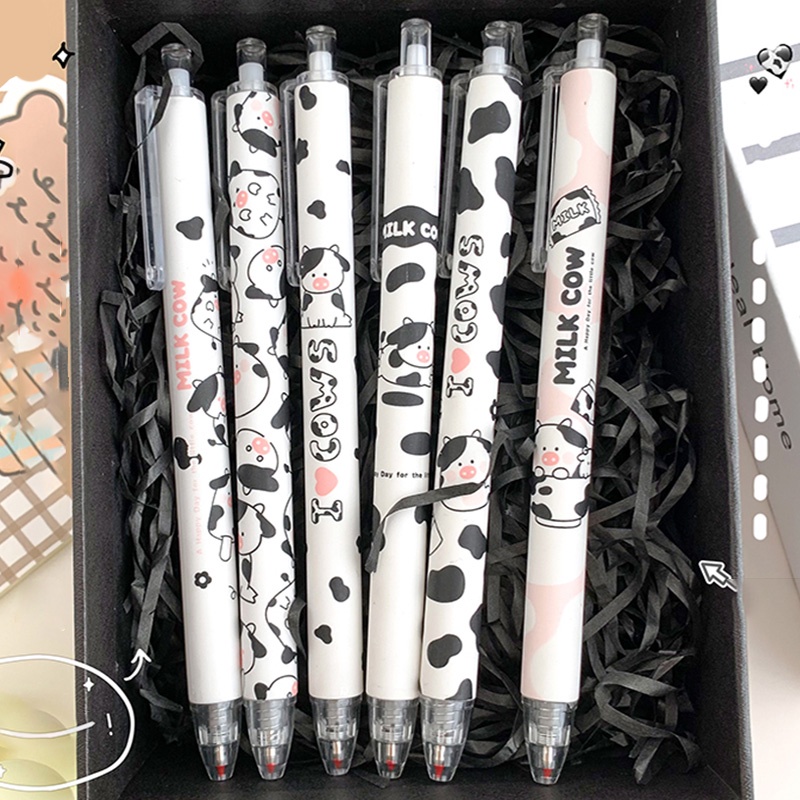 6pcs Pulpen Gel 0.5mm Motif Kartun Sapi Tinta Hitam