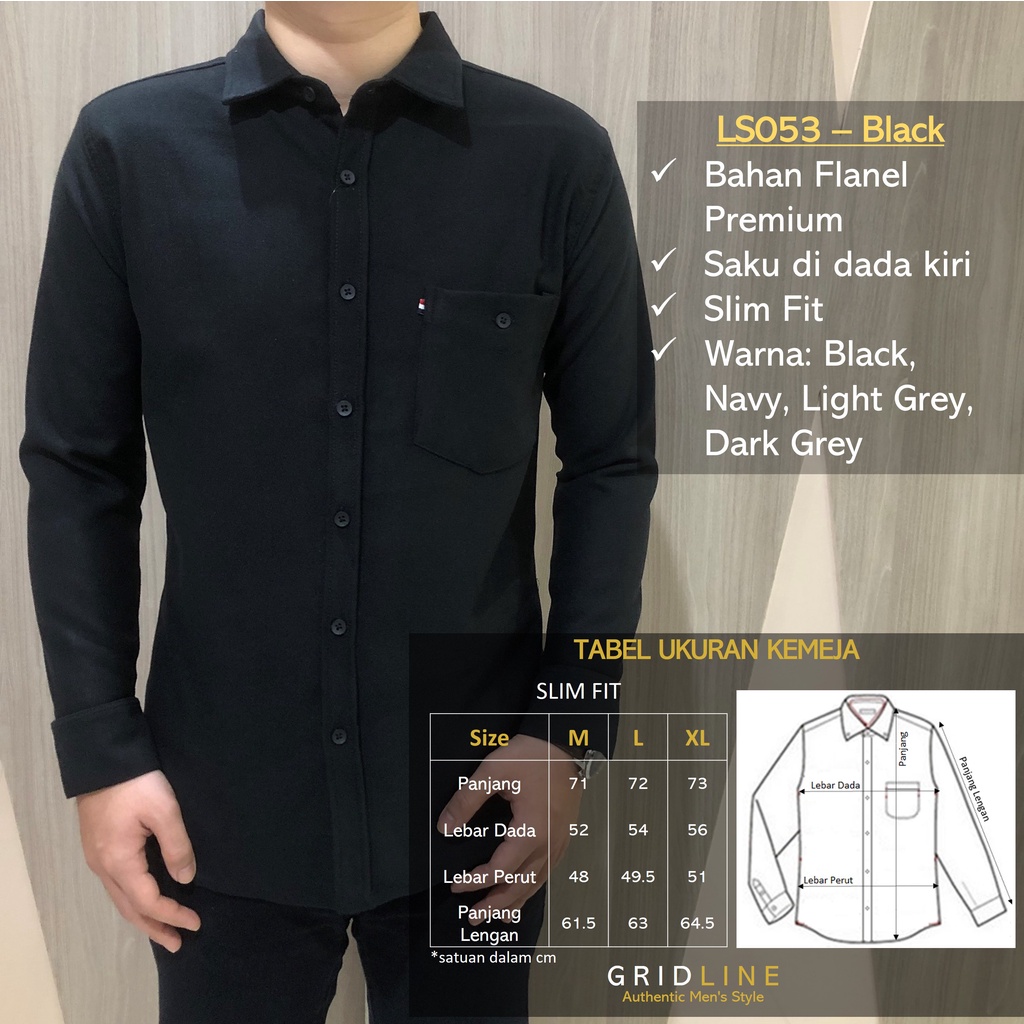 [GRIDLINE - LS053 Flanel Black, Navy, Light Grey, Dark Grey] Kemeja Flanel Polos Slimfit Pria Panjang Keren Premium Simpel Elegan