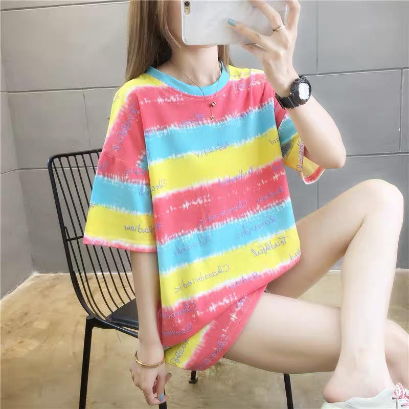 Oversize Tee Tshirt Model Longgar Utk Wanita Motif Belang Pelangi 3 Warna