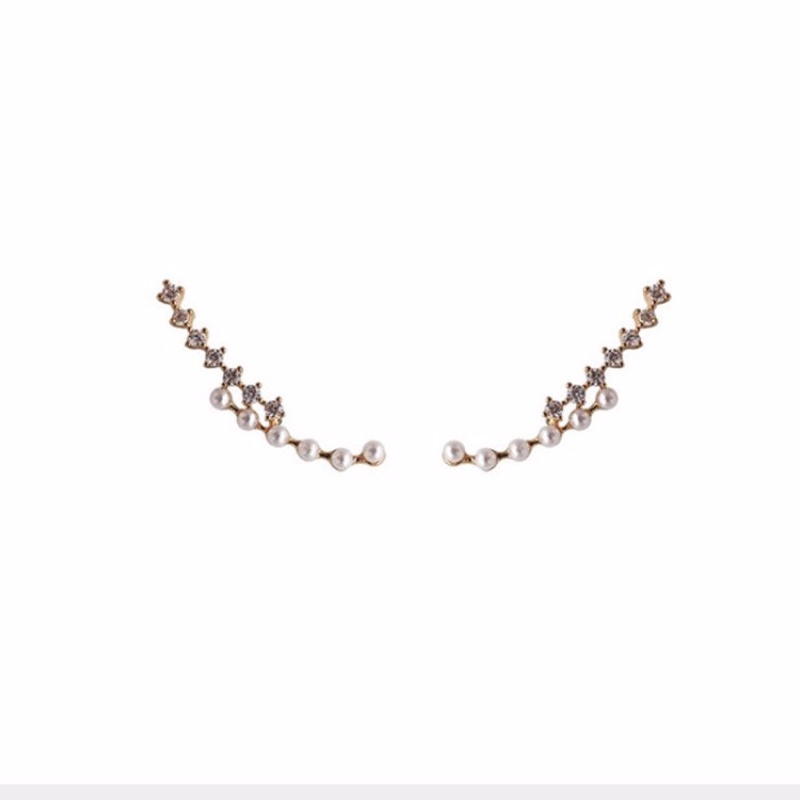 Anting Stud Desain Garis Lengkung Aksen Mutiara Zirkon Berlian Kilau Gaya Elegan