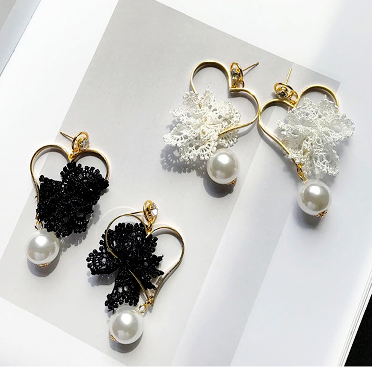 Korea elegan jantung renda Pearl crystal anting-anting Korea fashionmonger panjang rumbai anting-ant