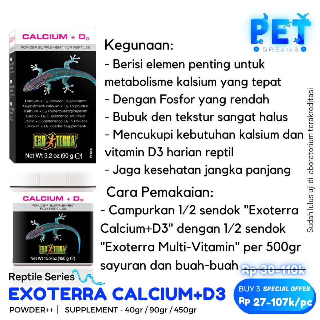 PROMO EXOTERRA CALCIUM+D3 KALSIUM VITAMIN POWDER SUPLEMEN BUBUK REPTIL TORTO IGUANNA SULCATA