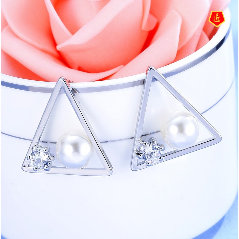 [Ready Stock]Simple Triangle Rhinestone Pearl Ear Studs High Profile Fashion