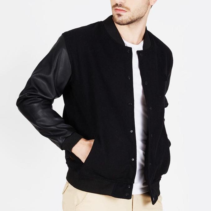 VM Jaket Varsity Black Fleece Kulit - Baseball Hitam - Hitam, XL