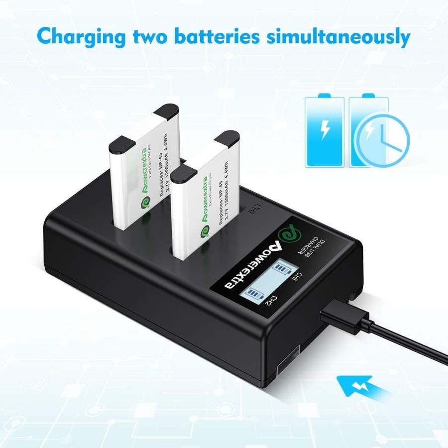 Powerextra 2-Pack Baterai NP-45A ,NP-45B,NP-45S and Smart Dual Charger