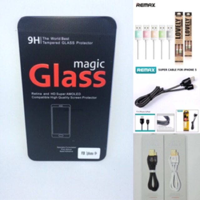 Paket Iphone 6+ / 6s plus Premium tempered glass + remax original cable / kabel