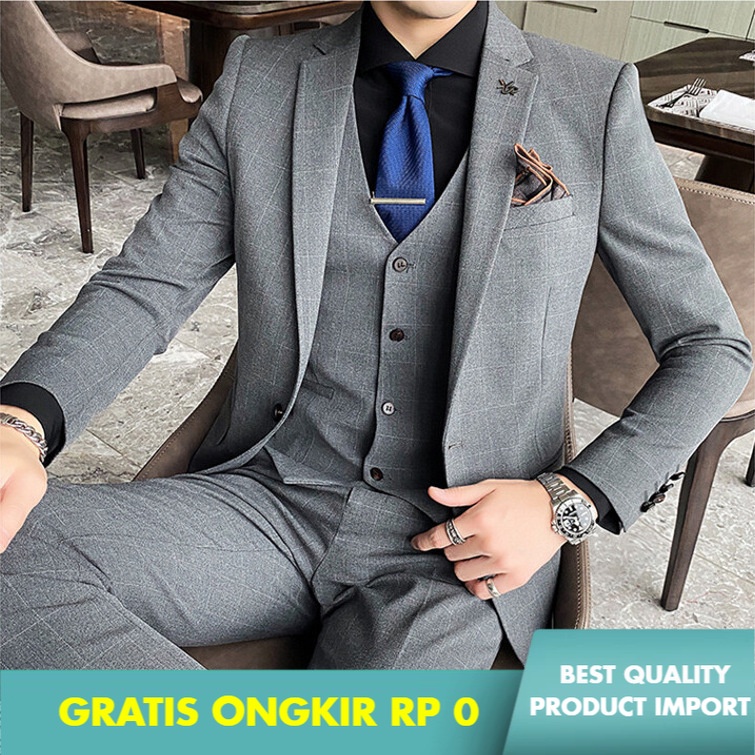 Jas Pria Setelan Jas Pria High-End Kotak-kotak  Pria Bisnis Suit Setelan Jas  Tren Slim Fit Mempelai