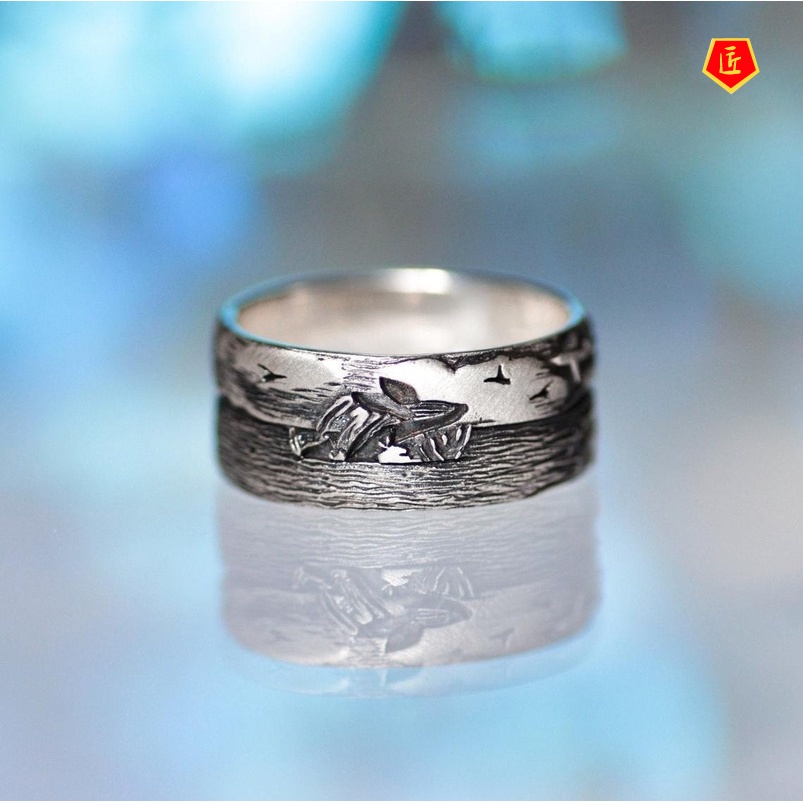 [Ready Stock]Silver Creative Personalized Carved Whale Ring