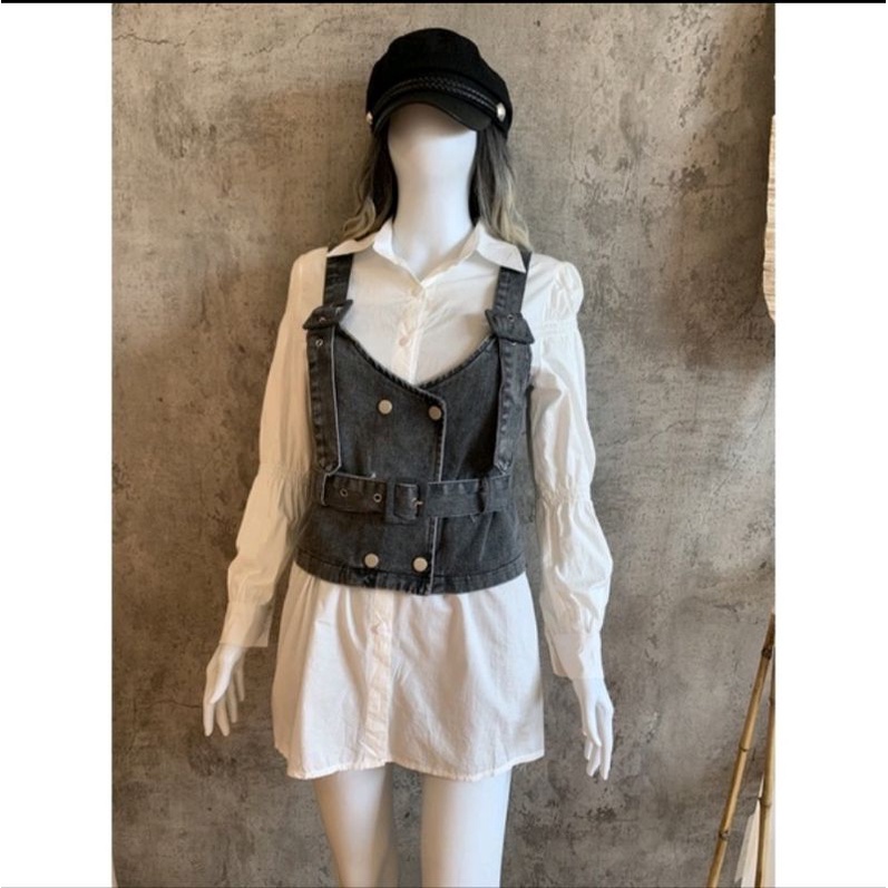 Rompi/  Vest levis/ vest denim set kemeja putih premium