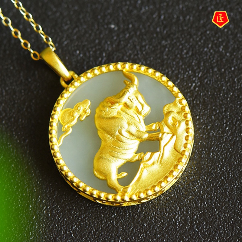 [Ready Stock]Hetian White Jade Gold Inlaid with Jade Chinese Zodiac Cow Pendant Elegant