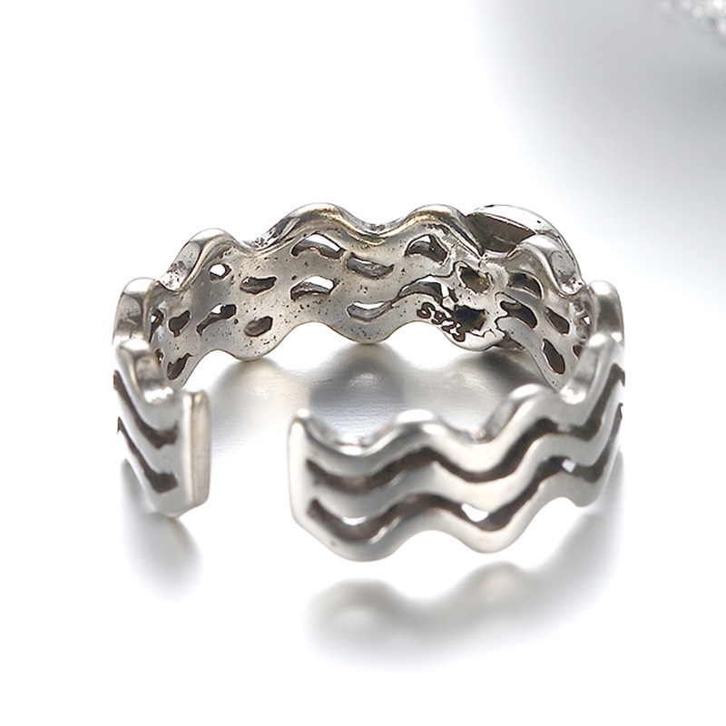cincin perak 925 asli untuk wanita/Cincin yang Dapat Disesuaikan Tiga baris Perhiasan Retro